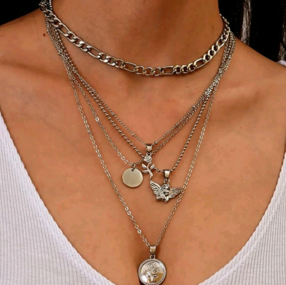 New Silver Pendant Layered Necklace